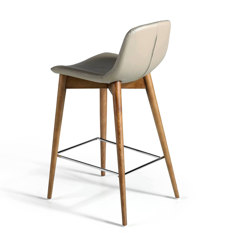 Stool upholstered in leatherette with Walnut colored wooden legs