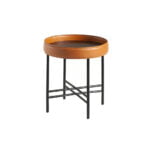 Round corner table in Walnut wood upholstered in leather and black steel