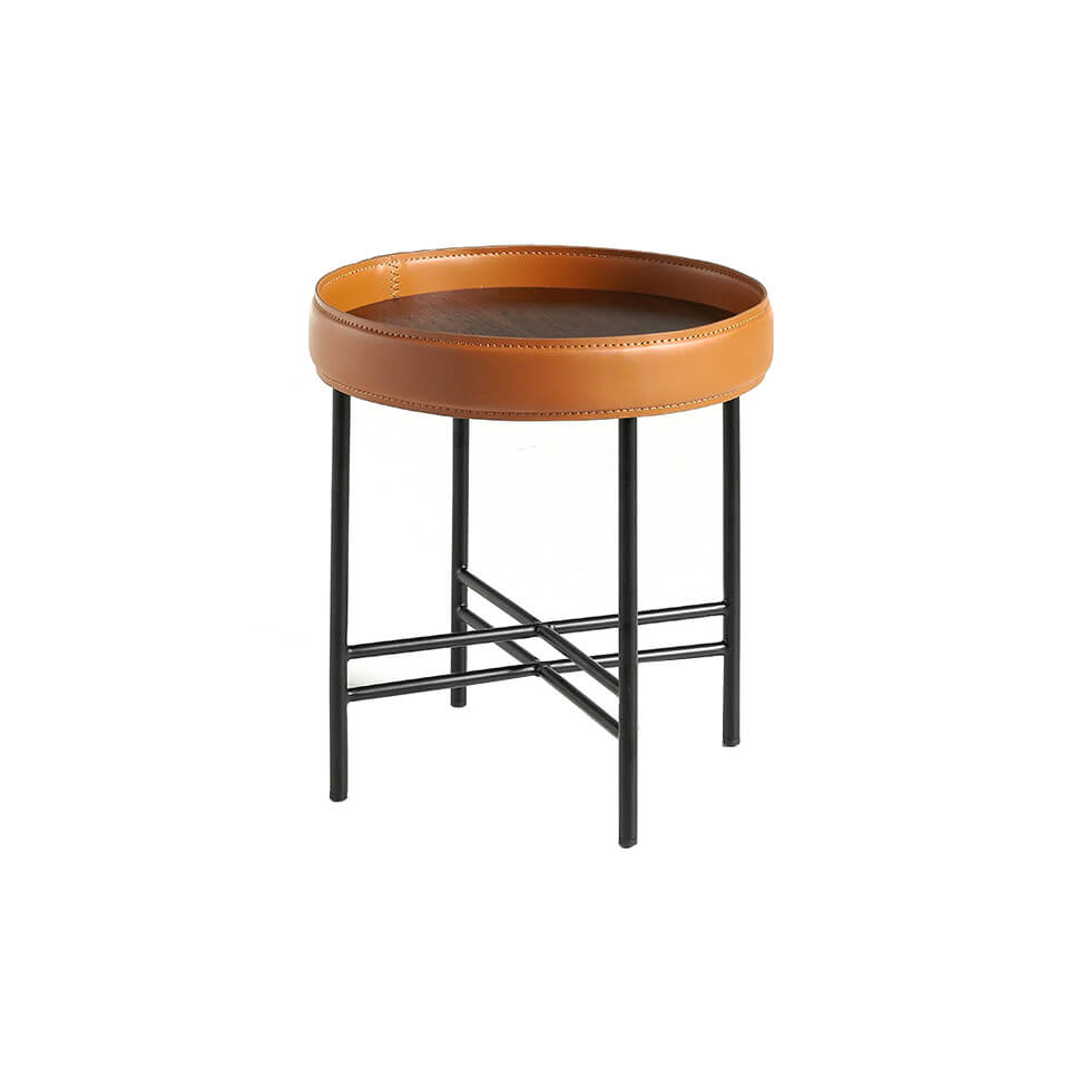 Table d’angle ronde en bois de noyer rembourrée en cuir et acier noir