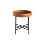 Round corner table in Walnut wood upholstered in leather and black steel