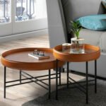 Round corner table in Walnut wood upholstered in leather and black steel