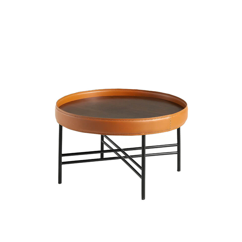 Round walnut wood coffee table upholstered in leather and black steel