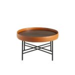 Round walnut wood coffee table upholstered in leather and black steel