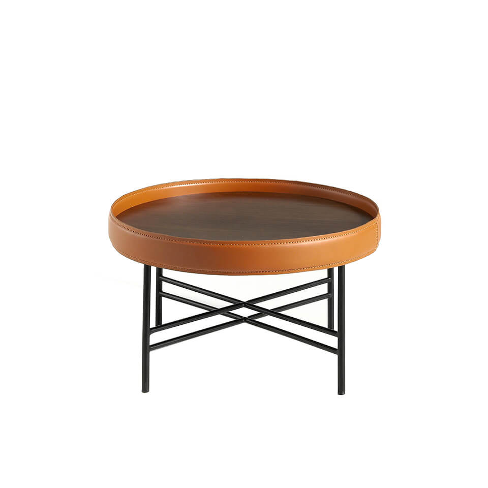Mesa centro redonda de madera Nogal tapizada en piel y acero negro