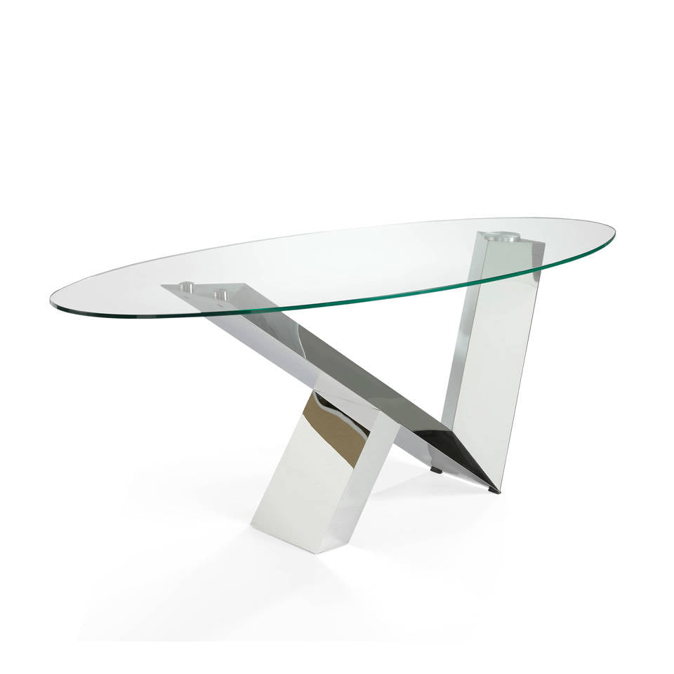 Dining table with tempered glass top and stainless steel frame. Dining table with tempered glass top and stainless steel frame.