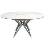 Table de salle à manger ronde à rallonge en marbre porcelaine et acier gris