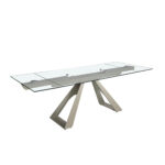 Rectangular extending dining table in tempered glass and taupe grey steel