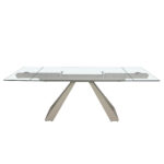 Rectangular extending dining table in tempered glass and taupe grey steel
