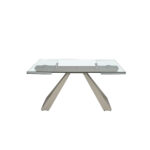 Rectangular extending dining table in tempered glass and taupe grey steel