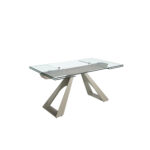 Rectangular extending dining table in tempered glass and taupe grey steel
