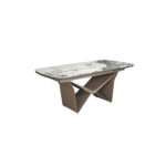 Table à manger extensible ovale en forme de baril en marbre porcelaine et acier couleur champagne