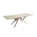 Rectangular extending dining table in porcelain marble, metallic sand steel and walnut