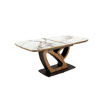 Mesa comedor extensible ovalada barril mármol porcelánico y nogal