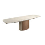 Rectangular extending dining table in porcelain marble, metallic sand steel and walnut