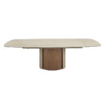 Rectangular extending dining table in porcelain marble, metallic sand steel and walnut