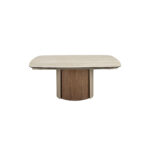 Rectangular extending dining table in porcelain marble, metallic sand steel and walnut