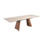 Rectangular extending dining table in porcelain marble and walnut effect steel