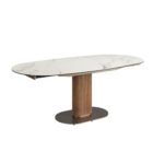 Oval extending dining table with porcelain marble and walnut barrel