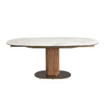 Oval extending dining table with porcelain marble and walnut barrel