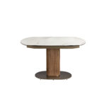 Oval extending dining table with porcelain marble and walnut barrel