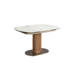 Oval extending dining table with porcelain marble and walnut barrel