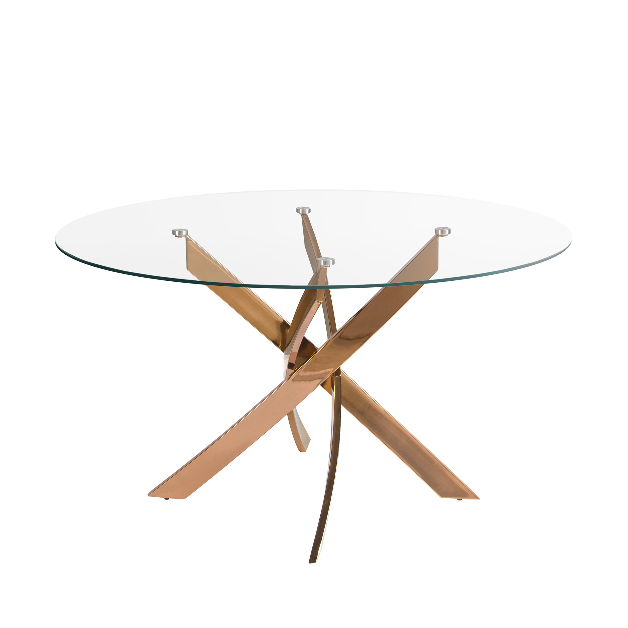 Table de salle à manger ronde en verre trempé et acier rose Table de salle à manger ronde en verre trempé et acier rose