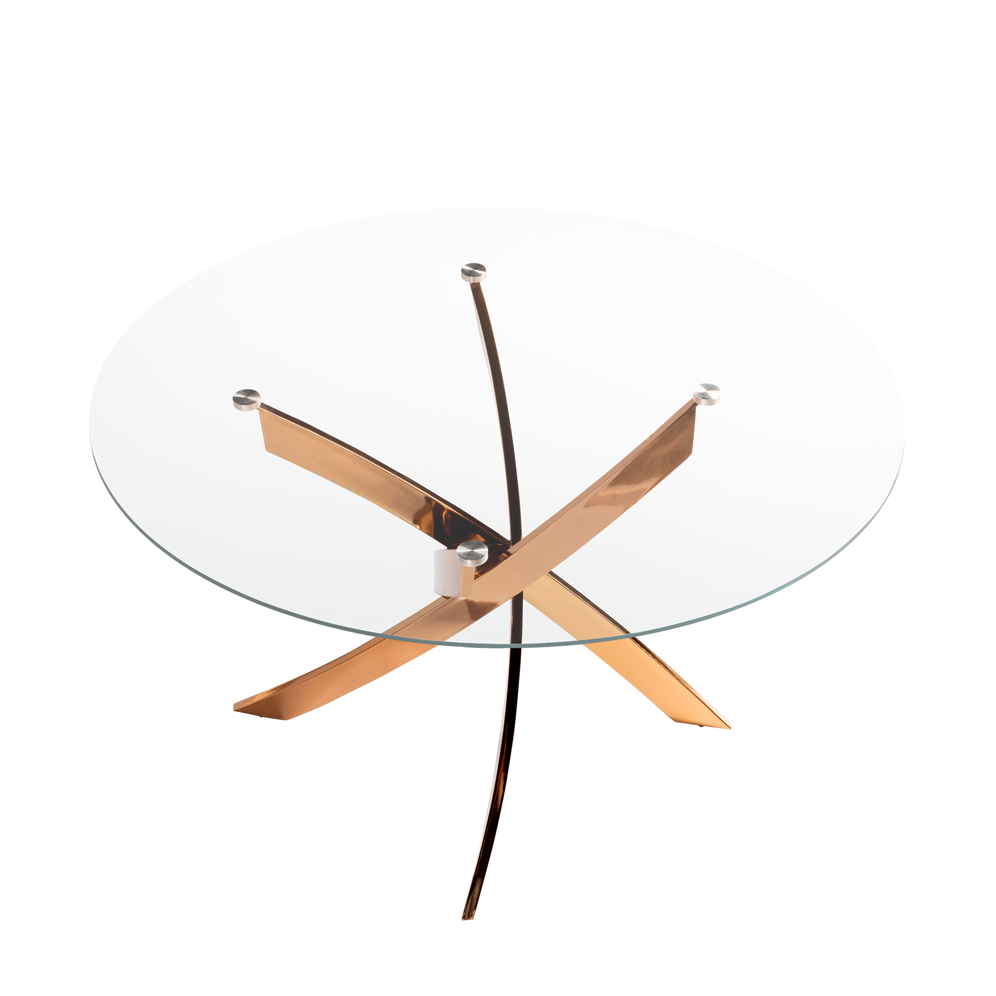 Table de salle à manger ronde en verre trempé et acier rose Table de salle à manger ronde en verre trempé et acier rose