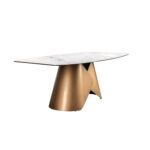 Oval dining table with porcelain marble barrel and bronze-coloured steel barrel