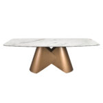 Oval dining table with porcelain marble barrel and bronze-coloured steel barrel