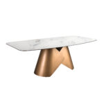 Oval dining table with porcelain marble barrel and bronze-coloured steel barrel