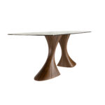 Mesa comedor ovalada barril mármol porcelánico y nogal