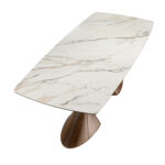 Mesa comedor ovalada barril mármol porcelánico y nogal