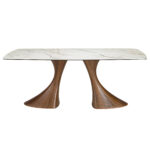 Mesa comedor ovalada barril mármol porcelánico y nogal