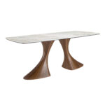 Mesa comedor ovalada barril mármol porcelánico y nogal
