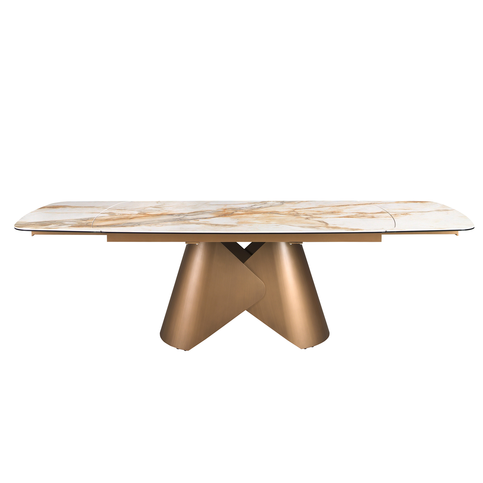 Mesa comedor extensible ovalada barril mármol porcelánico y acero color bronce Mesa comedor extensible ovalada barril mármol porcelánico y acero color bronce