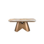 Mesa comedor extensible ovalada barril mármol porcelánico y acero color bronce