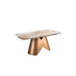 Mesa comedor extensible ovalada barril mármol porcelánico y acero color bronce