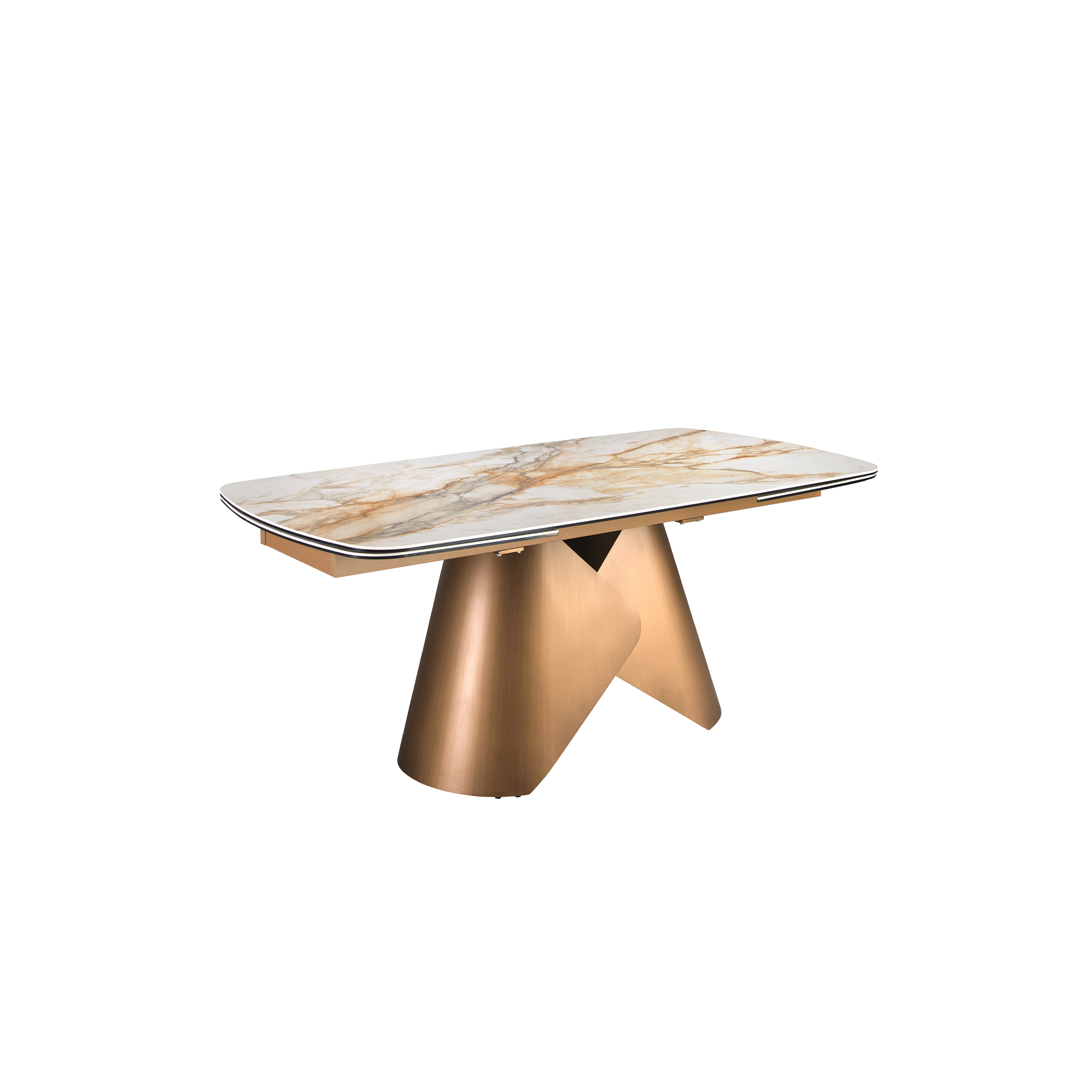 Mesa comedor extensible ovalada barril mármol porcelánico y acero color bronce Mesa comedor extensible ovalada barril mármol porcelánico y acero color bronce