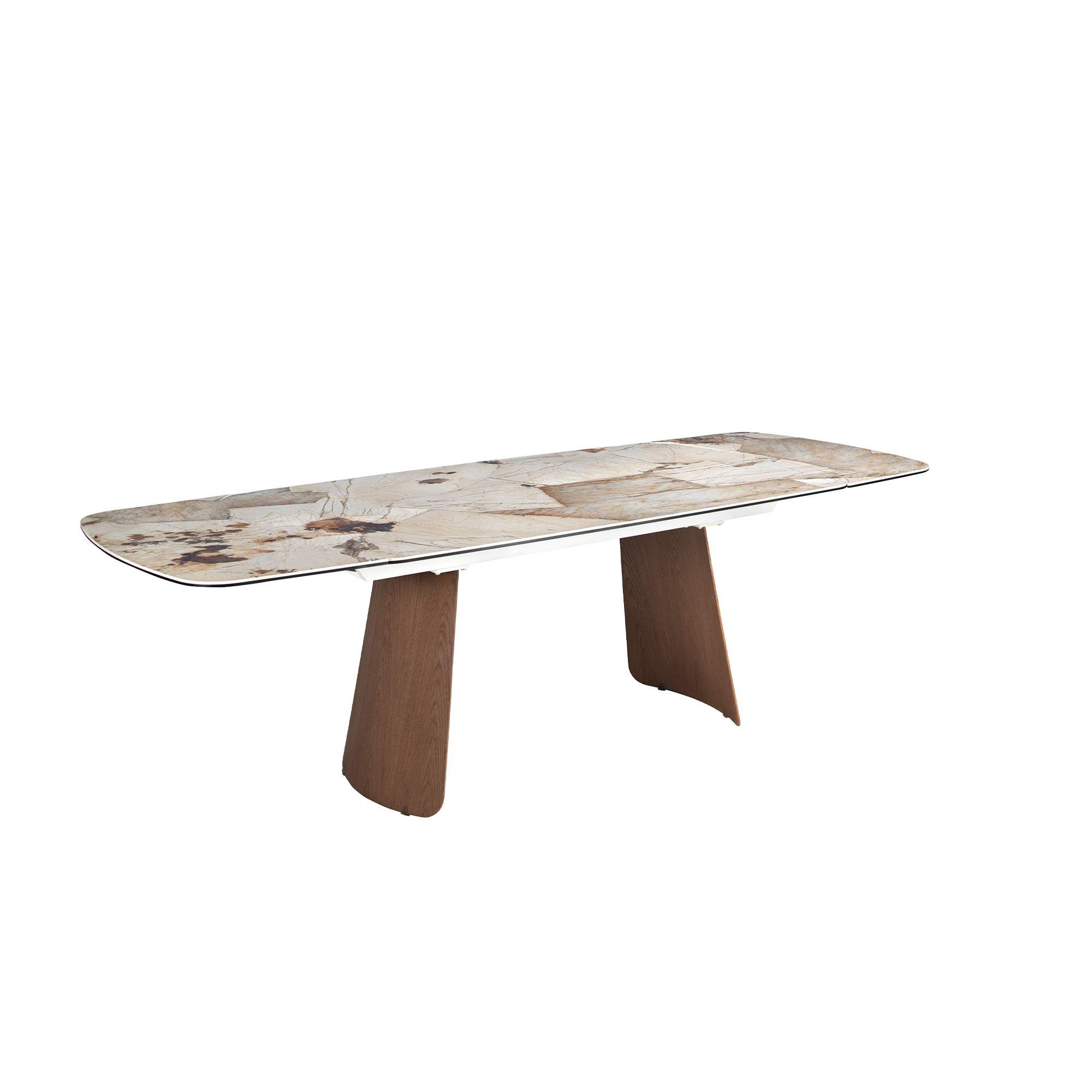 Mesa comedor extensible ovalada barril mármol porcelánico y nogal Mesa comedor extensible ovalada barril mármol porcelánico y nogal