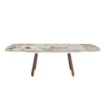 Mesa comedor extensible ovalada barril mármol porcelánico y nogal
