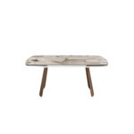 Mesa comedor extensible ovalada barril mármol porcelánico y nogal