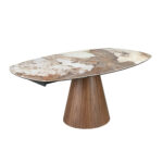 Table de salle à manger extensible ovale en forme de tonneau en marbre porcelanique et bois de noyer