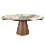 Table de salle à manger extensible ovale en forme de tonneau en marbre porcelanique et bois de noyer