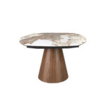 Table de salle à manger extensible ovale en forme de tonneau en marbre porcelanique et bois de noyer