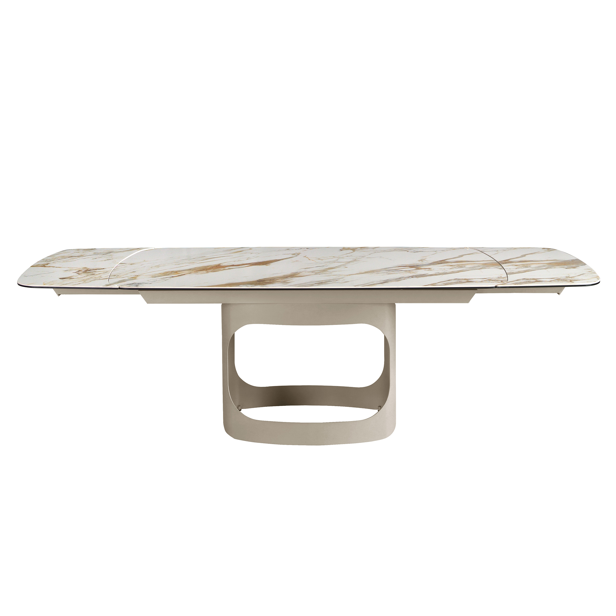 Mesa comedor extensible ovalada barril mármol porcelánico y acero arena metalizado Mesa comedor extensible ovalada barril mármol porcelánico y acero arena metalizado