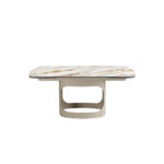 Mesa comedor extensible ovalada barril mármol porcelánico y acero arena metalizado