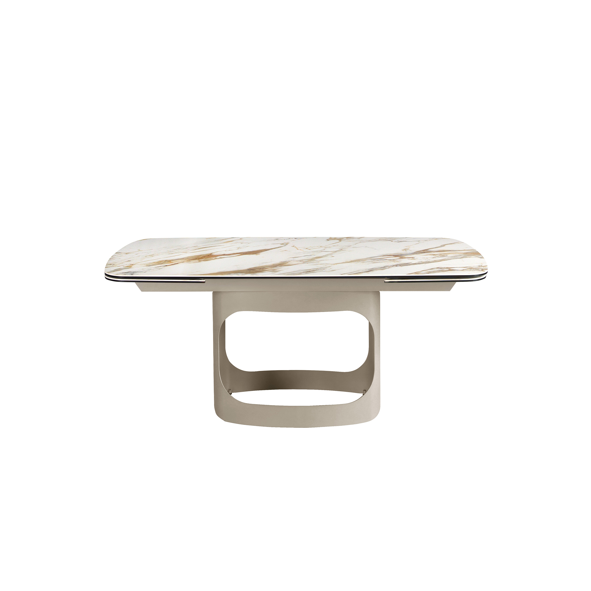 Mesa comedor extensible ovalada barril mármol porcelánico y acero arena metalizado Mesa comedor extensible ovalada barril mármol porcelánico y acero arena metalizado