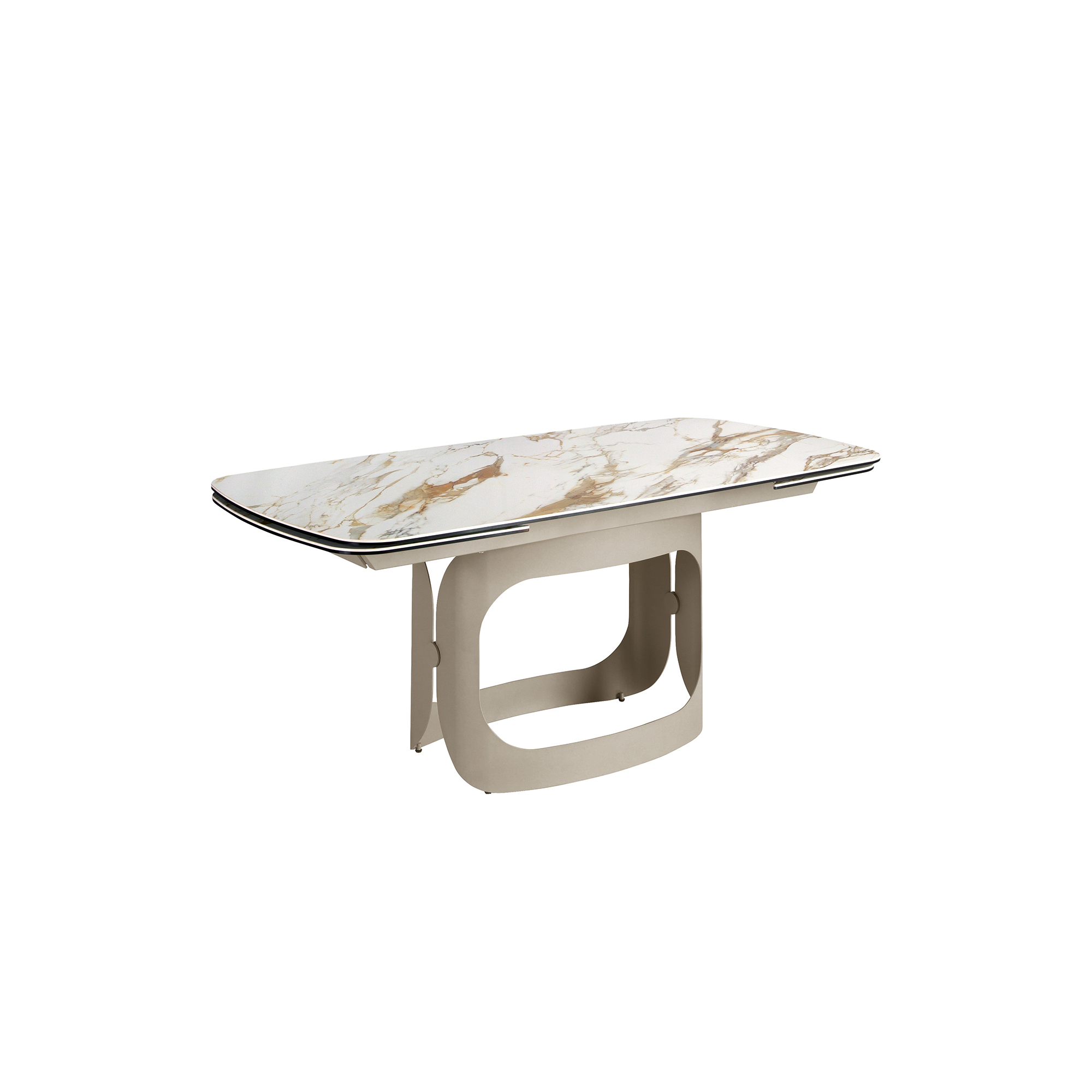 Mesa comedor extensible ovalada barril mármol porcelánico y acero arena metalizado Mesa comedor extensible ovalada barril mármol porcelánico y acero arena metalizado