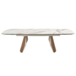 Table de salle à manger extensible ovale en forme de tonneau en marbre porcelanique, acier coloris sable métallisé et bois de noyer