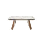 Table de salle à manger extensible ovale en forme de tonneau en marbre porcelanique, acier coloris sable métallisé et bois de noyer